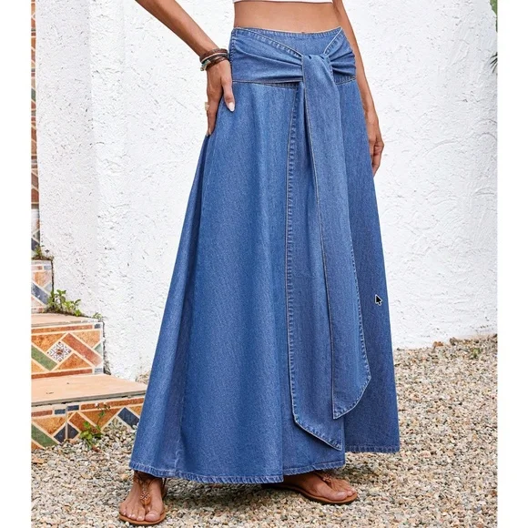 Medium Wash High Waisted Tie Belt Denim Jean Maxi Skirt - Picture 2 of 4